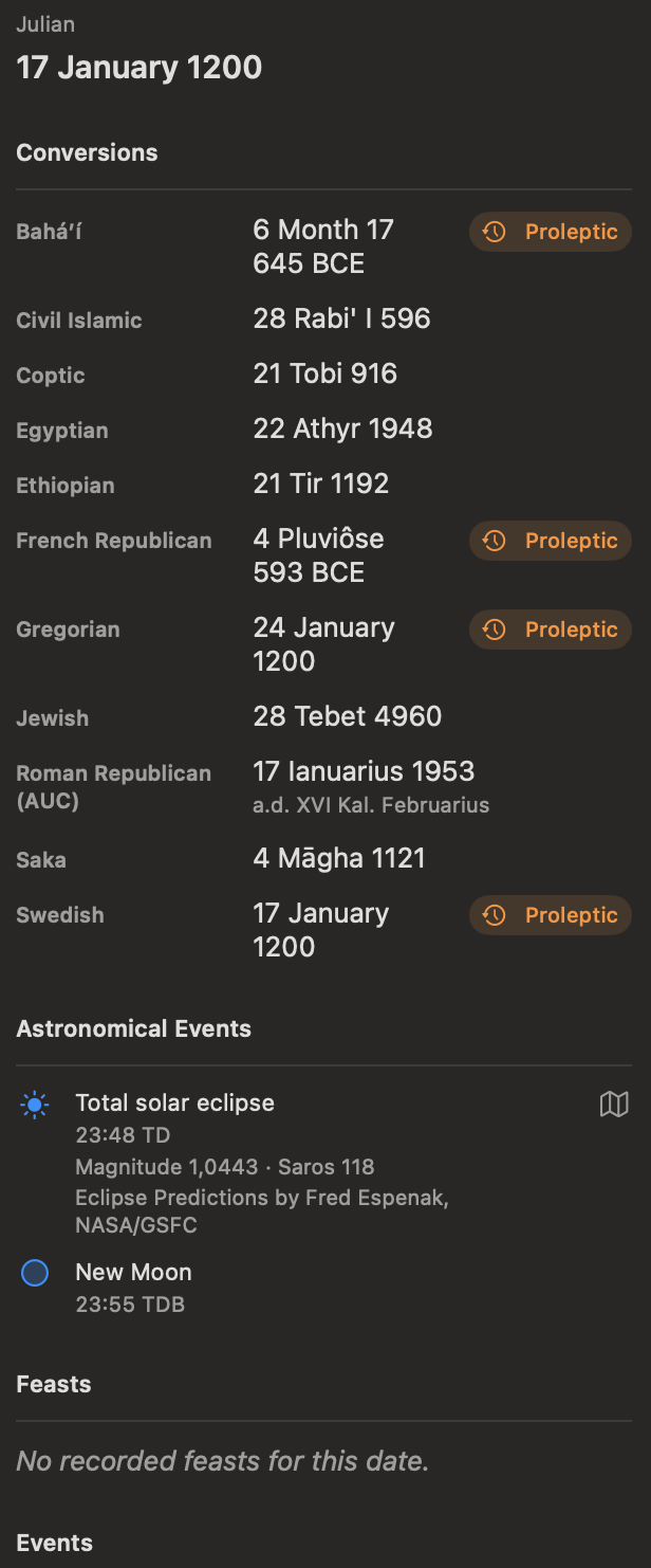 The Day inspector showing calendar conversions, astronomical events, feasts, and historical events for the selected date.