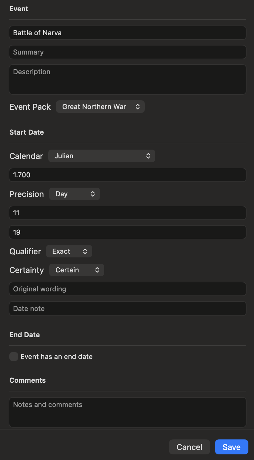 The event editor with fields for the event pack, title, dates, description, links, sources, and related events.