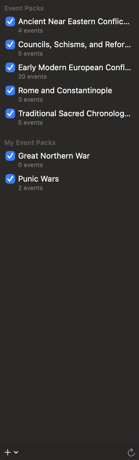 The event-pack sidebar showing enabled and disabled bundled packs and the My Event Packs section.
