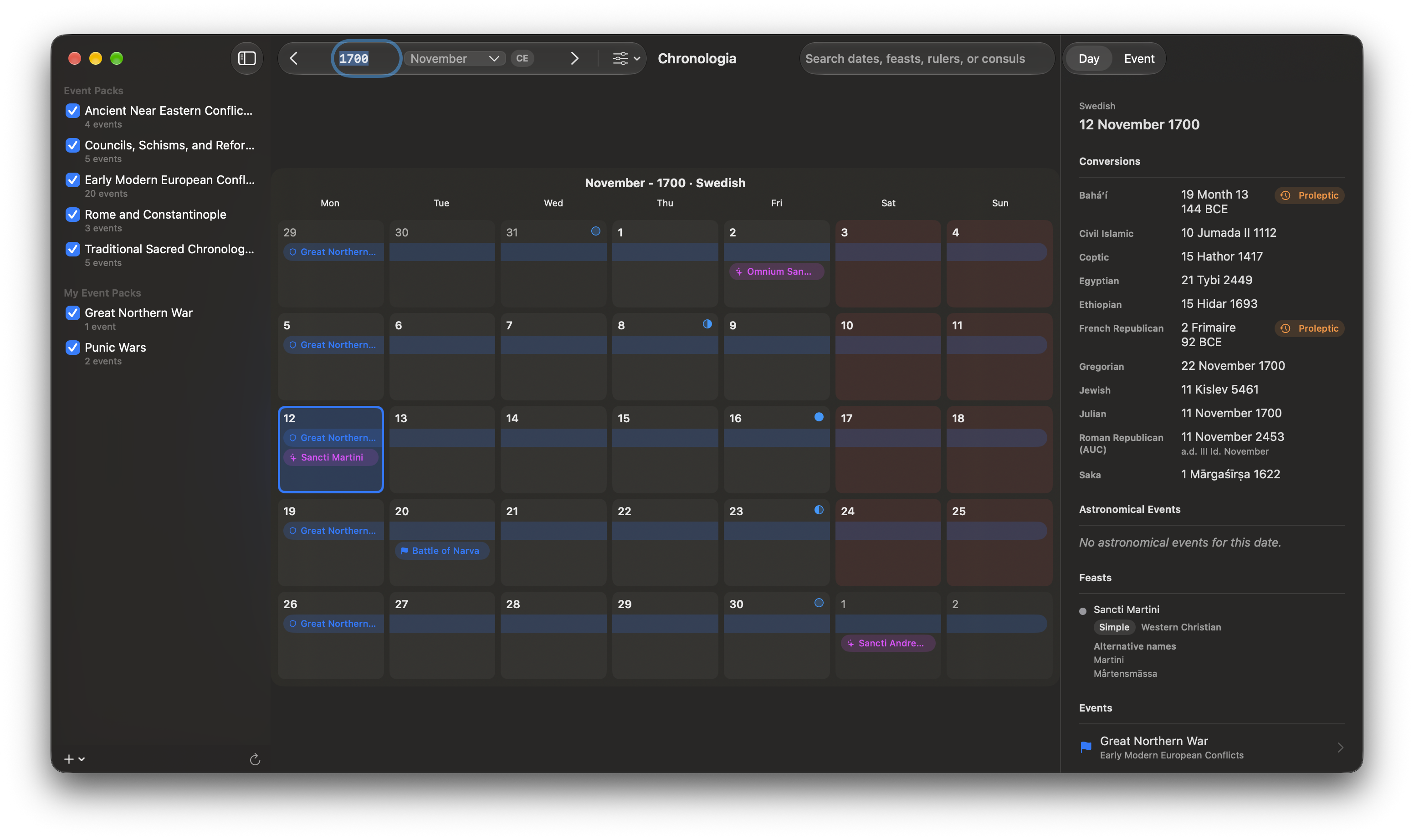 The Chronologia toolbar above the calendar, including the previous and next buttons and the date field.