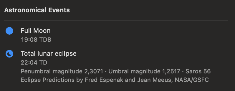A lunar eclipse in the Day inspector, including its time, magnitudes, Saros number, and source acknowledgement.
