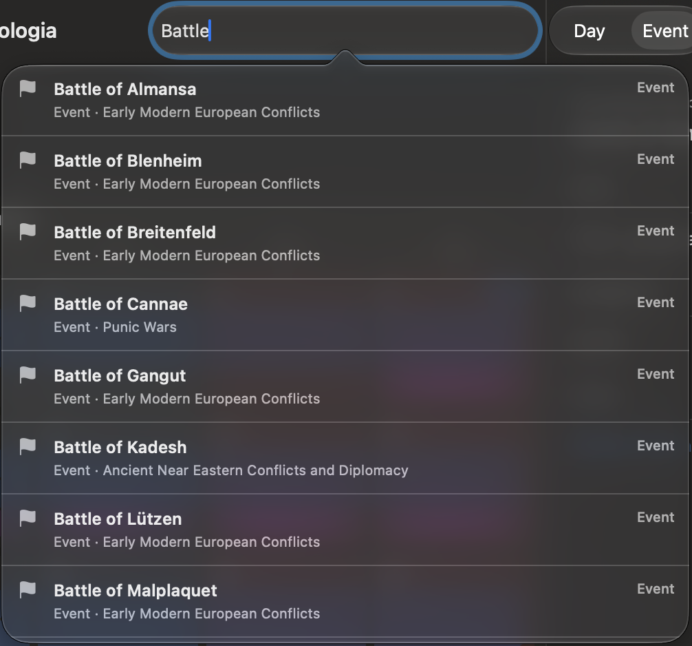 Search results for Battle, showing historical events from enabled event packs.