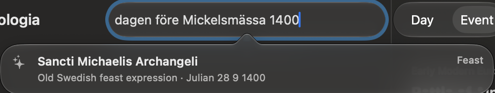 A Latin or Old Swedish relative feast expression entered in the search field.