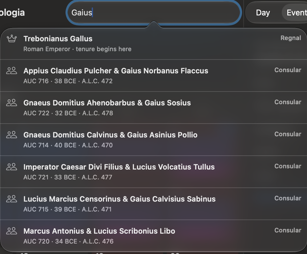 Search results for Gaius, showing Roman consular records.