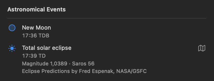 A solar eclipse in the Day inspector, including its time, magnitude, Saros number, and map button.