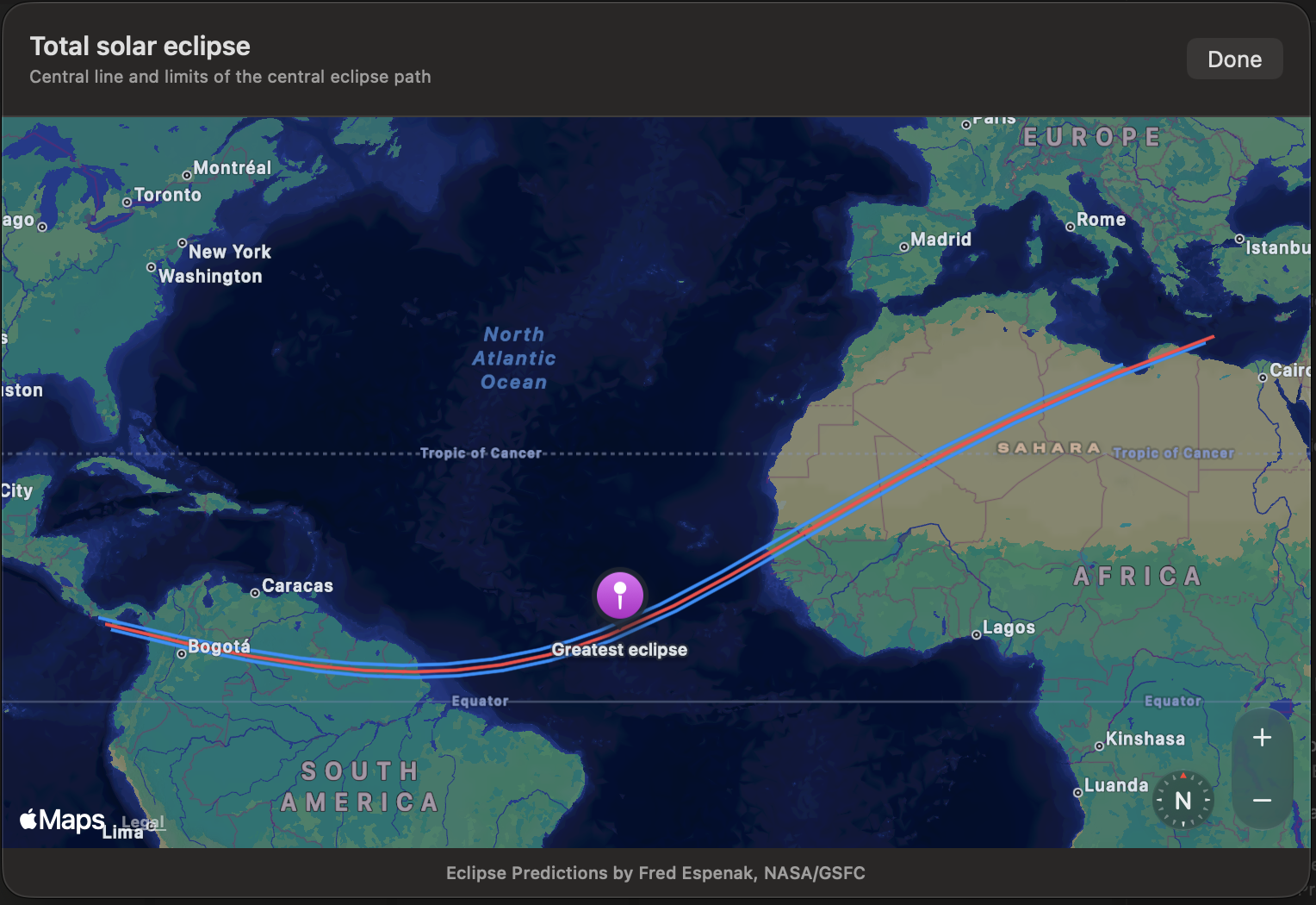 The solar-eclipse map showing the central line, northern and southern limits, and greatest-eclipse marker.