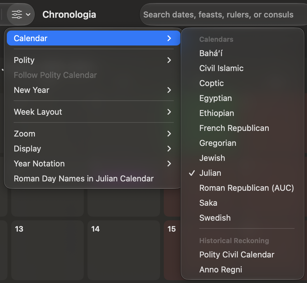 The Calendar submenu in View Options.