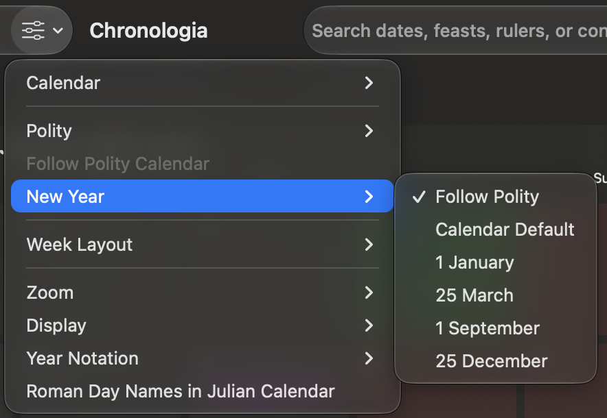 The New Year submenu in View Options.