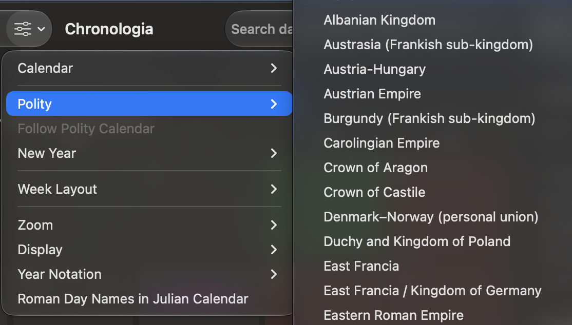 The Polity submenu in View Options.