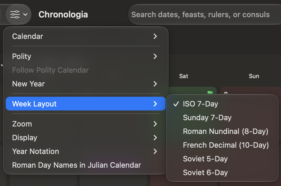 The Week Layout submenu in View Options.