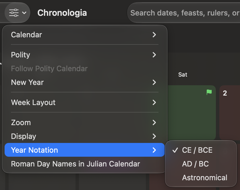 The Year Notation submenu in View Options.
